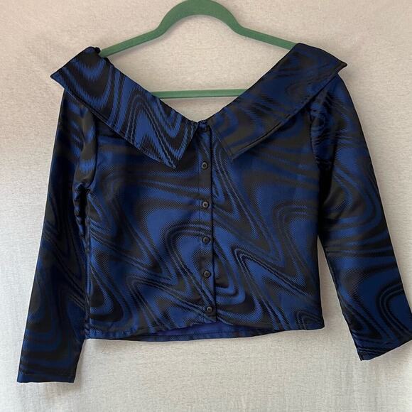 Opening Ceremony Blue Black Shiny Long Sleeve Formal Button Back Top - Picture 6 of 8
